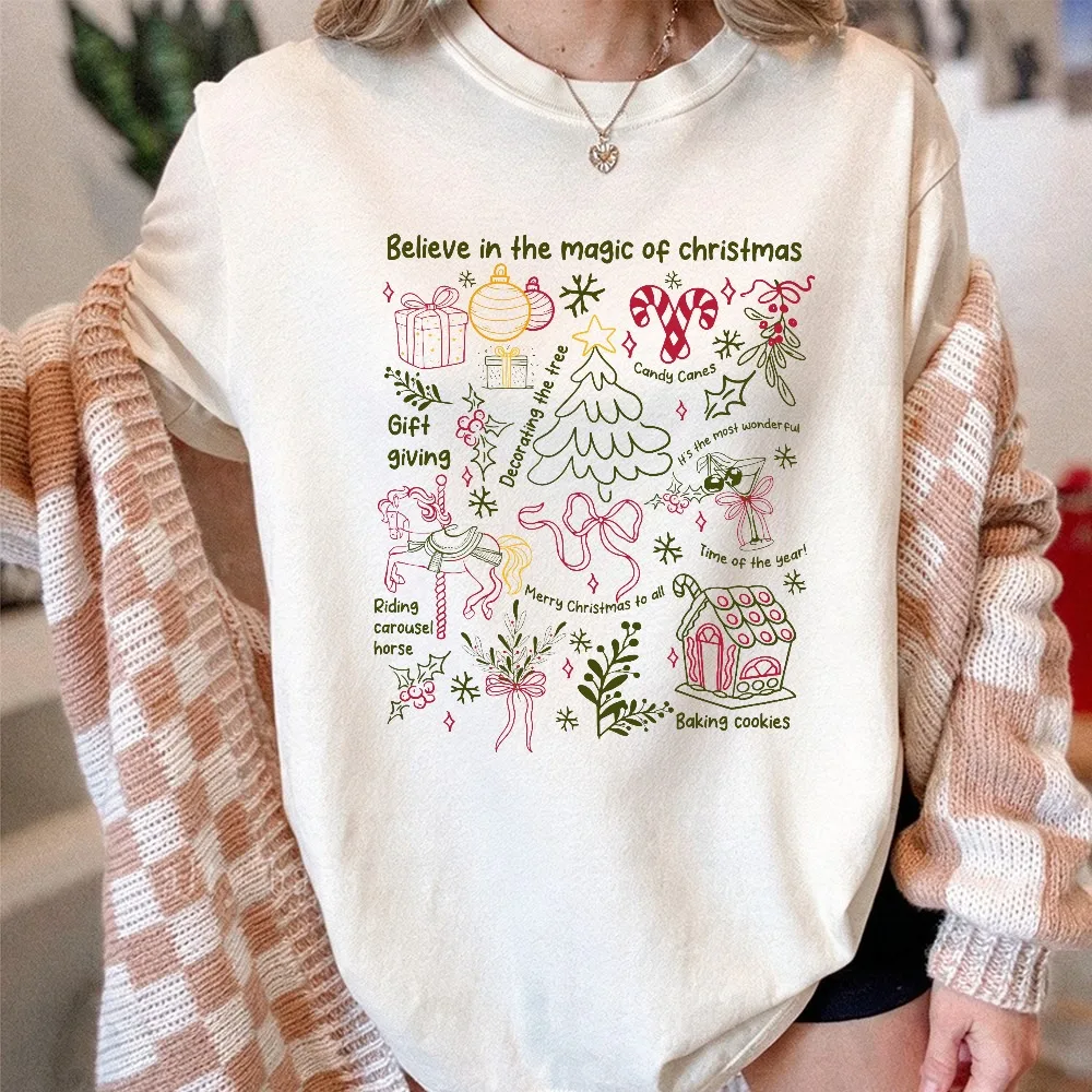 Christmas Doodles Fairy Tee Preppy Christmas Cotton Shirt Merry and Bright Xmas Tshirt Bow Christmas Tree Graphic Women T Shirt