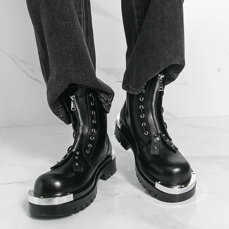 

Men High Top Boots PU Thick Soled Bare Boots with Rivet Decoration Trendy Classic Men Boots