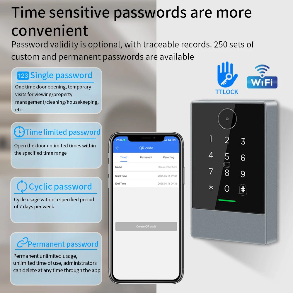 TTLOCK TTHotel Access Control Keypad 13.56Mhz RFID WiFi & BLE QR Code Password Card Remote Temporary Code Unlock for Hotels