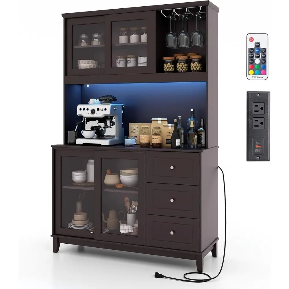 

Kitchen Pantry Storage Cabinet with Power Outlets, LED Lights, Wine Glass Racks, Adjustable Shelves, and Microwave Stand
