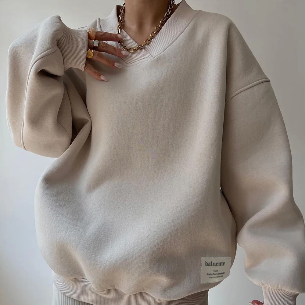 Oversize womens V-neck hoodie, 2024 autumn winter warm solid color casual loose pullover long sleeved tops