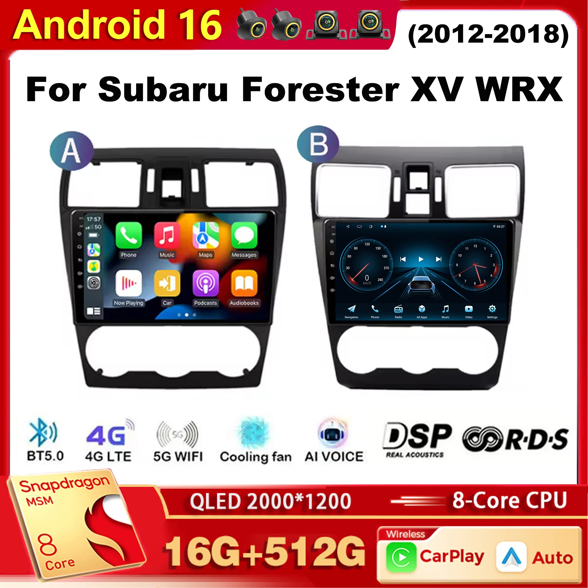 Autoradio multimédia Android 16 Qualcomm pour Subaru Forester XV WRX 2012-2018, Carplay, Bluetooth, Wifi + 4G, commande vocale AI