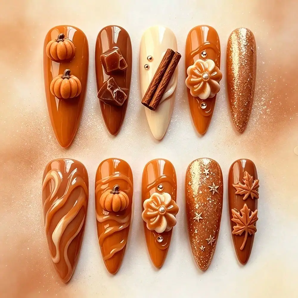 Hard And Durable Nails, Fall Nails, Y2k Nails, Handmade Autumn Pumpkin Sculpture Press-On Nails, Warm Caramel Gradient Color, Pumpkin, Gingerbread, Maple Leaf, Flower, Swirl, Autumn Rural Season Manicure,/ Universal In 858 Regions