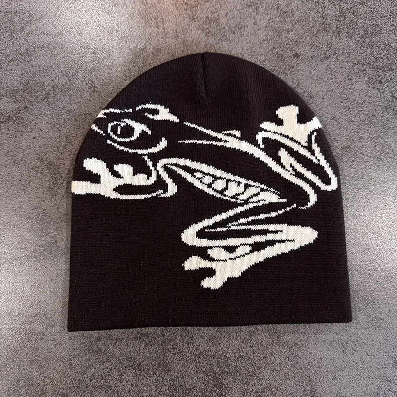 Frosch-Muster Jacquard-Mützen für Damen und Herren Frühling Herbst Winter Wärmehaltend Kaltwetter Gorras Hip-Hop Strickmütze Ski Winddichte Mütze – Detail 9