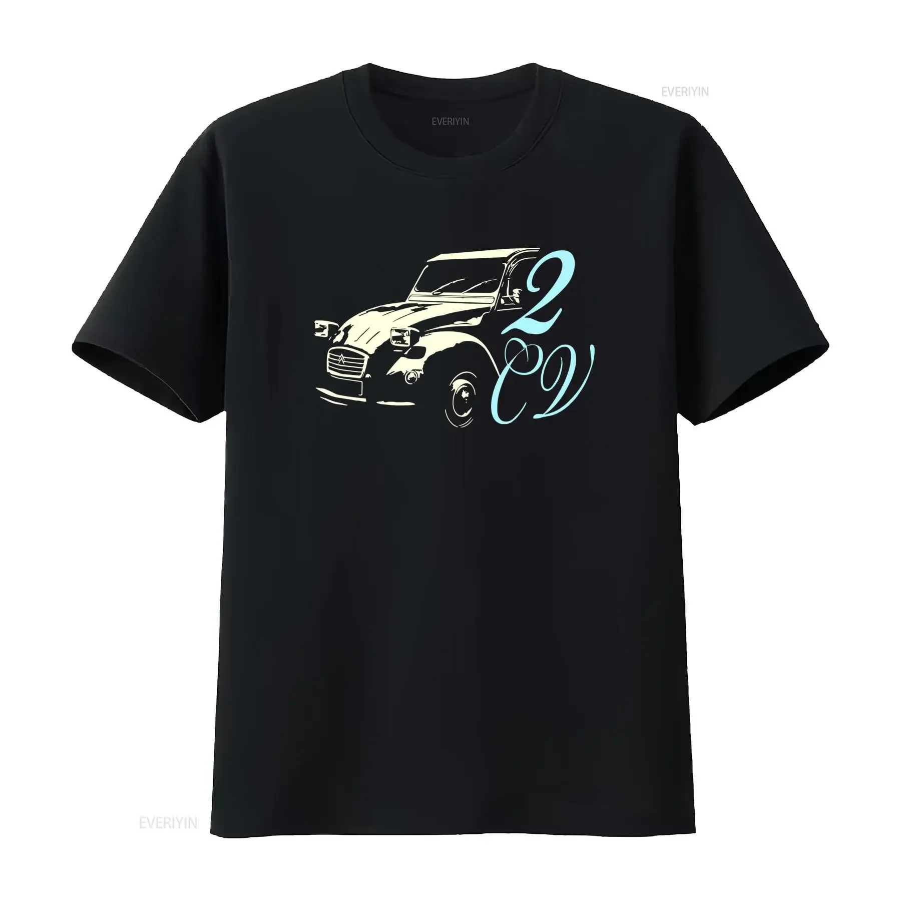 Camiseta Masculina Vintage Clássica de Carro Francês Preta com Detalhe Azul Corte Regular para Entusiastas do 2CV Moda vintage