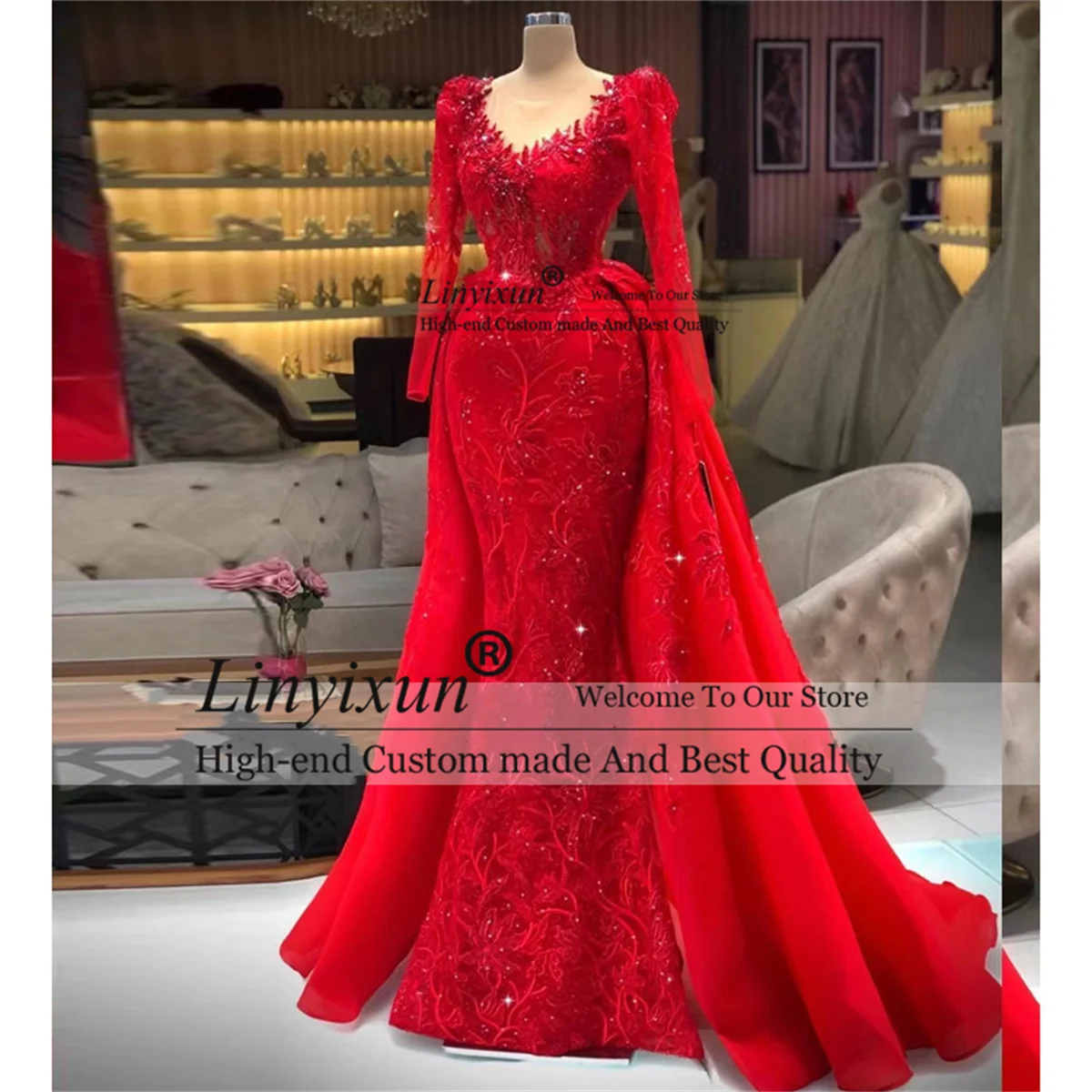 Charming Red Mermaid Prom Dresses 2022 Sweetheart Appliques Lace Evening Party Gowns Tradicional Kosovo Kaftan Vestido De Fiesta