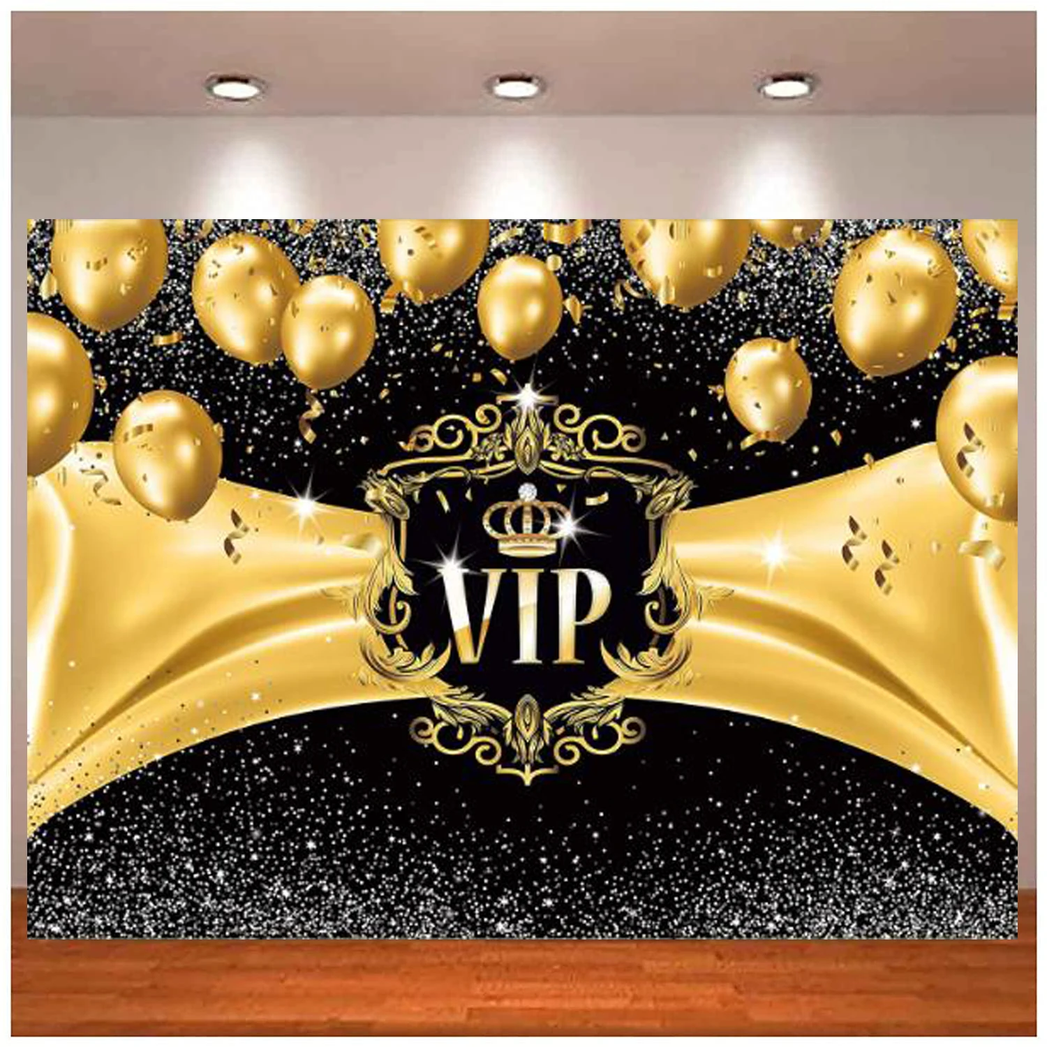 사진 배경 블랙 골드 풍선 반짝 이는 VIP 배너 생일 파티 인테리어 장식 배경 초상화 촬영 포스터