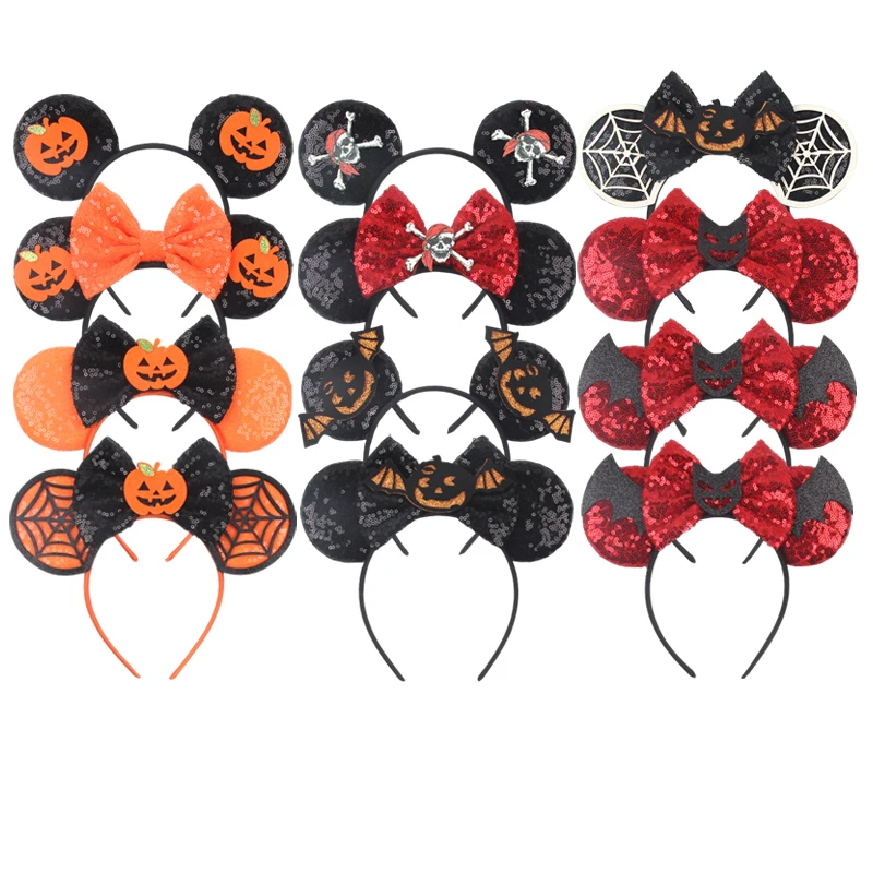 10Pcs/Lot 2024 Disney Halloween Mouse Ears Headband For Girls Sequins Bow Hairband Festival Party Cosplay DIY Hair Accessories