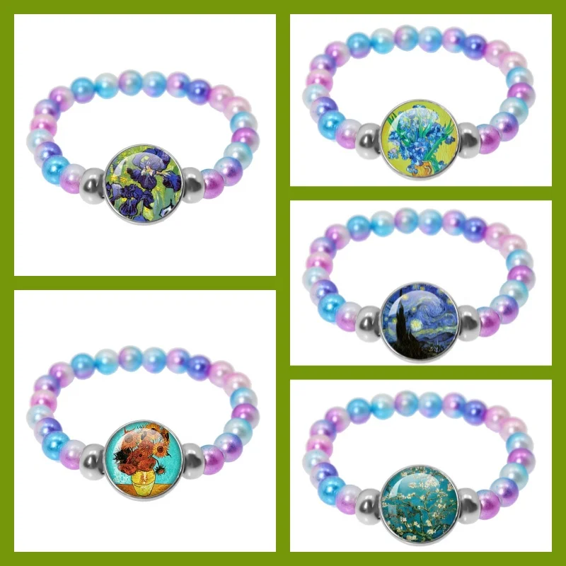 Starry Night Pendant Van Gogh Moon And Atars 18mm Colorful Button Bracelet Glass Art Painting Pendants Jewelry Accessories Gift