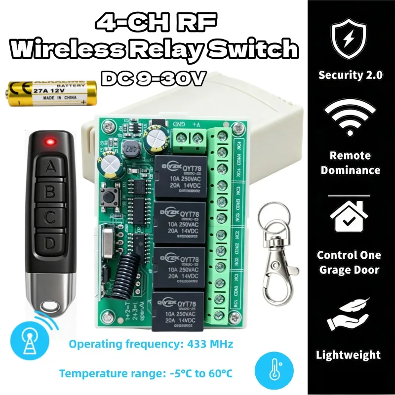 Image of Drahtlose Fernbedienung DC 6V 12V 24V 30V 4-Kanal RF-Relais-Empfänger und 433MHz-Sender für Garage/Licht/Motor/Haushaltsgeräte