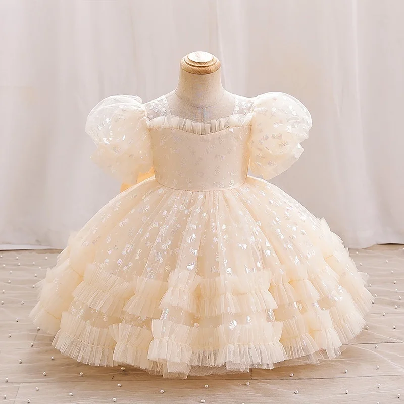 Summer Dresses Girls' Elegant Dress Girl Baby Bubble Sleeve Mesh Sequin Dress Temperament Princess Party Short Sleeve Dress