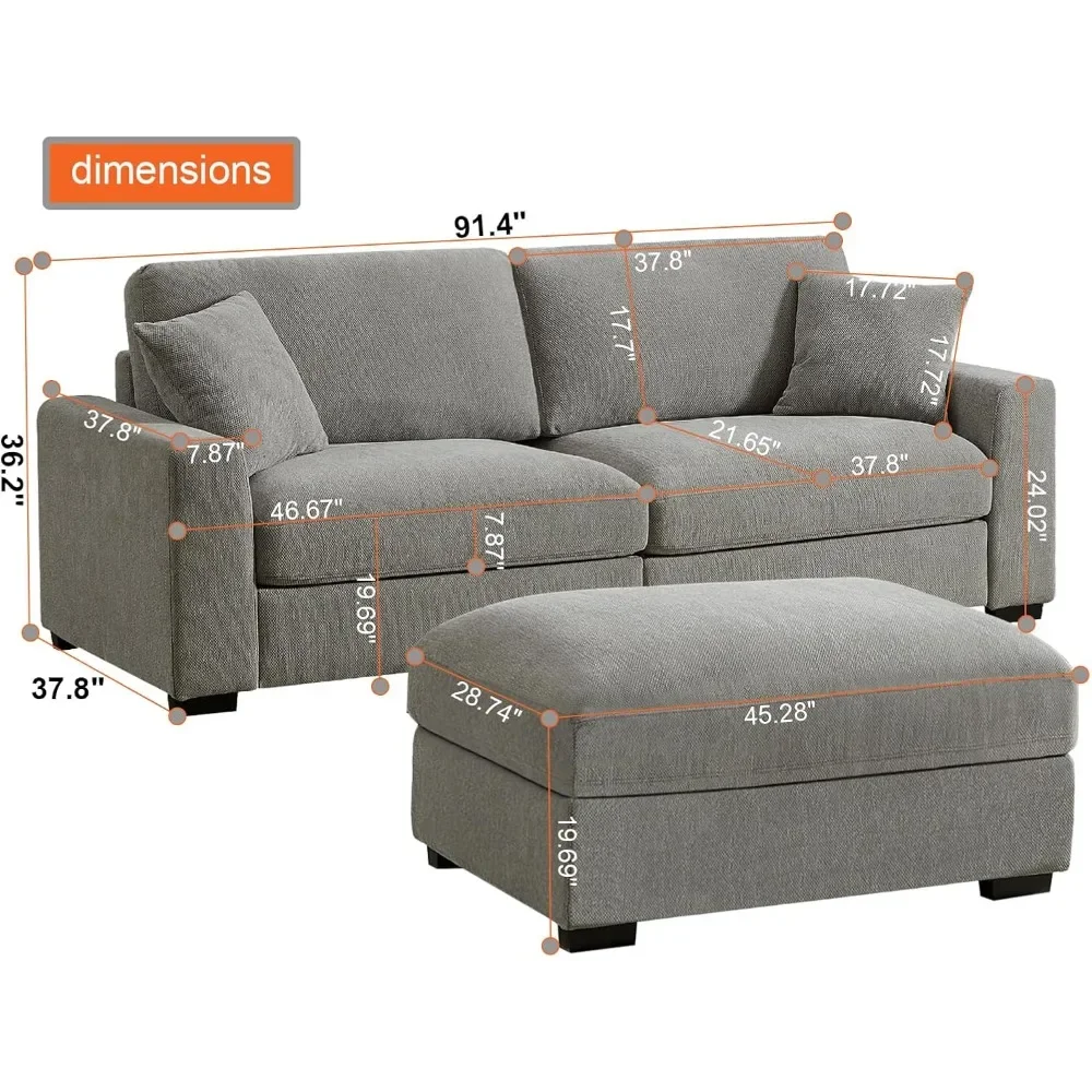 أريكة سحابة مقاس 92 بوصة أريكة بمقعدين كبير الحجم مع أريكة مقطعية من الشنيل الرمادي العثماني 2-3 مقاعد للمساحات الصغيرة المريحة #2