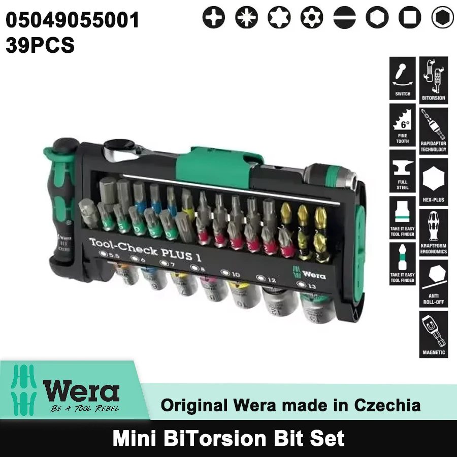 WERA Tool-Check Plus 39PCS Compact Tool Set Zyklop Mini BiTorsion Bits Screwdriver Set with Socket 05049055001