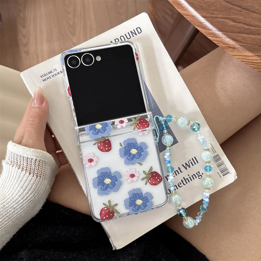 Kawaii Cottage Fruit Printed Flower Strawberry Phone Case for Samsung Galaxy Z Flip 7-3 Blue Crystal Bead Strap Protective Cover