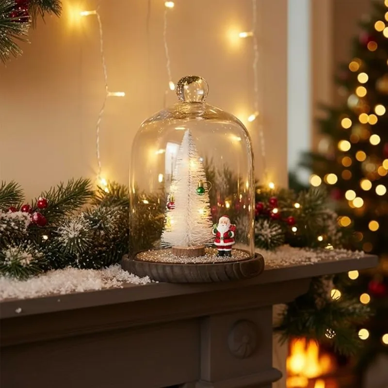 Display Bell Jar with Top Handle Clear Cloche Glass Dome,6.3In(16cm) H,W 13cm with Rustic Brown Solid Wood Base&other base 1pack