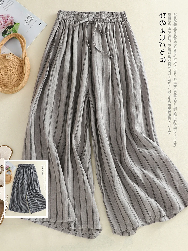 

Casual Wide Leg Linen Pants with Dstring Elastic Waist Vertical Stripes Artistic Sle Versatile Slimming Straight Cut Tro...