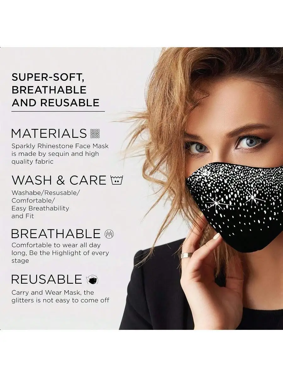 

Rhinestone Sequin Face Mask For Women Adjustable Ear Loops Reusable Fashion Bling Mask