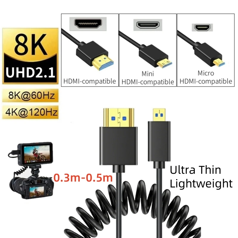 8K HDMI-Compatible Coiled Cable Portable Mini/Micro HDMI-compatible Spring Spiral Cord for ATOMOS Monitor Camera Camcorder HDTV