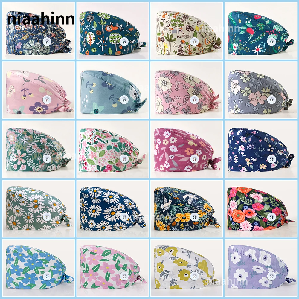 Dentist Clinic Work Hat with Button Medical Scrub Cap Women Hospital Surgical Cap Pet Nurse Scrub Hat Operating Room Nursing Cap