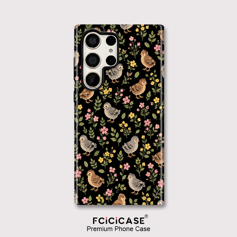 Fcicicase S25 Plus Chicken Flower Print Phone Case For Samsung Galaxy S23 Ultra S24 S20 FE A26 A36 A16 A56 Double-layer Cover