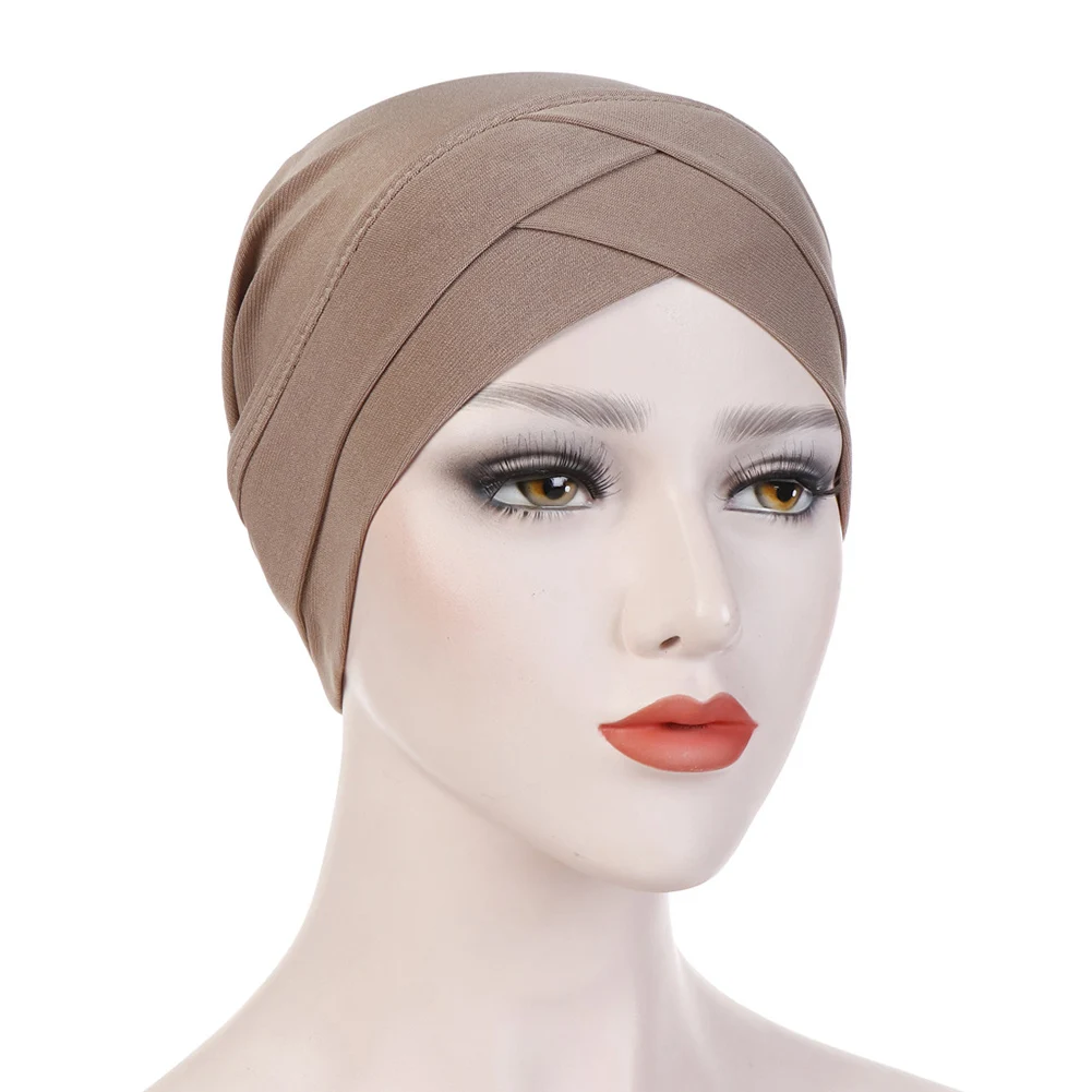 

New Cross Head Wrap Chemo Bandana Muslim Cap Women Solid Color Bohemian Stretchy Turban Hat Multifunctional Scarf Hijab Caps
