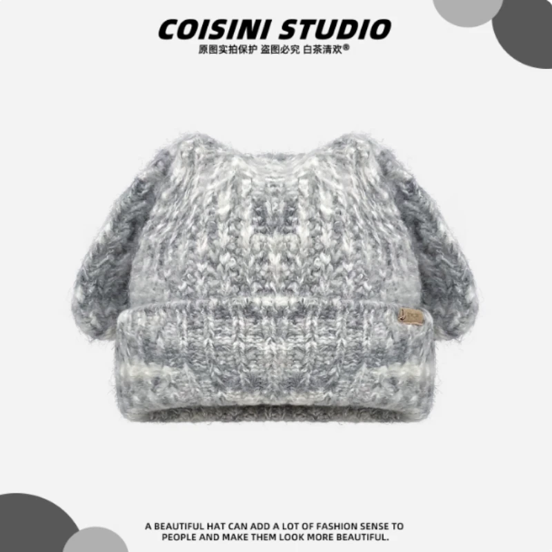 لطيف أرنب الأذن مختلط اللون قبعة صغيرة محبوكة قبعات للرجال والنساء في الخريف والشتاء في الهواء الطلق الدافئة كبيرة الرأس تزلج الجمجمة قبعة #5