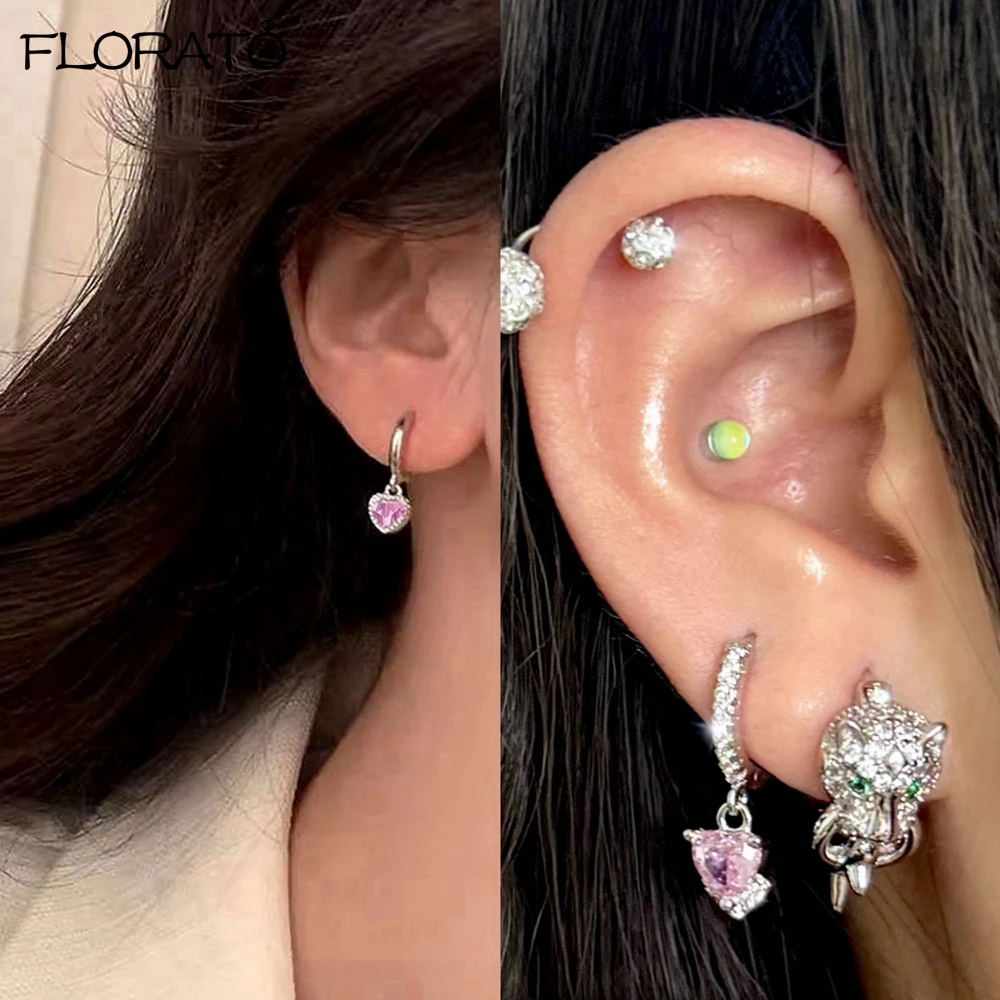 925 Sterling Silver Needle Cute Pink Crystal Pendant Earrings Sparkling Zircon Hoop Earrings for Women Fashion Piercing Jewelry