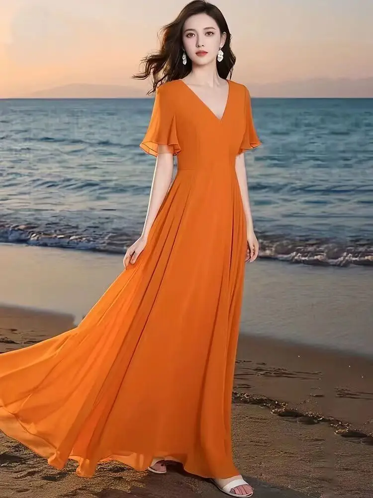 2025 Vrouwen Zomerjurk Nieuwe Solid V-hals Elegante Slanke Grote Zoom Mid Lange Chiffon Jurk Dames Bohemian Strand Jurken vestidos