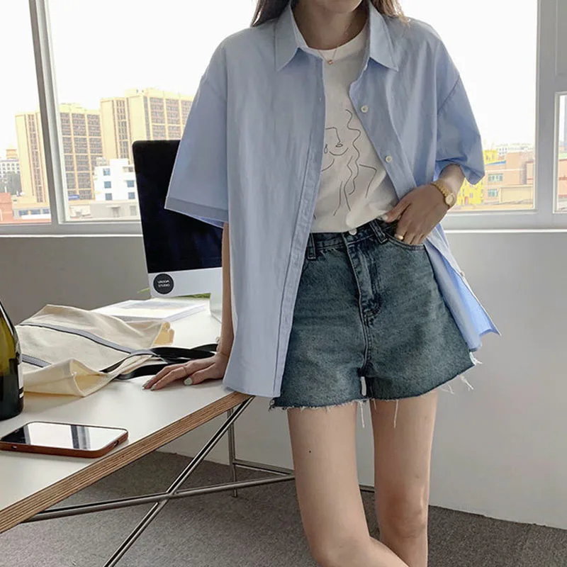 Xpqbb Casual Short Sleeve Shirt Woman Summer All-match Loose Turndown Collar Blouse Female Korean Simple Button Up Work Shirts