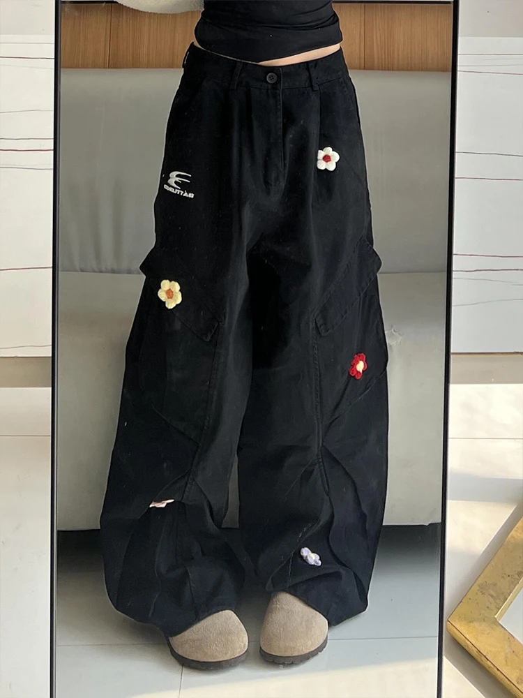 

Retro Multi-ket Workwear Denim Pants Women Spring Summer 2025 Loose Embroidered American Wide Leg Paratrooper Pants