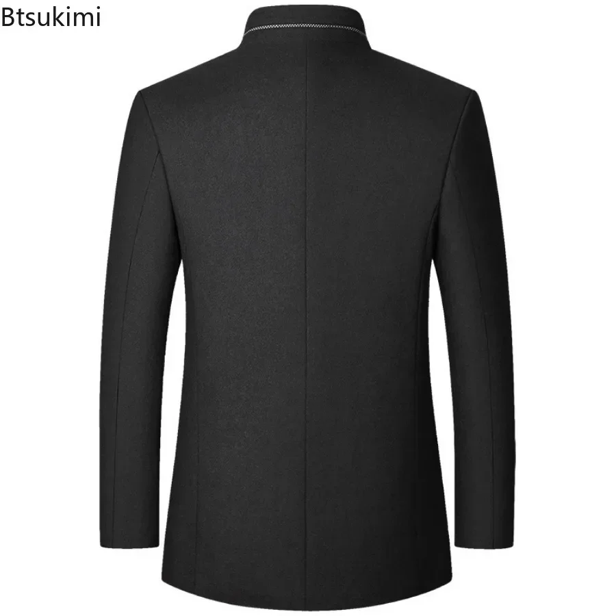 2025 Men's England Style Woolen Coats Fashion Stand Collar Suit Trench Coats Autumn Winter Mid-length Warm Wool Blend Coats Male