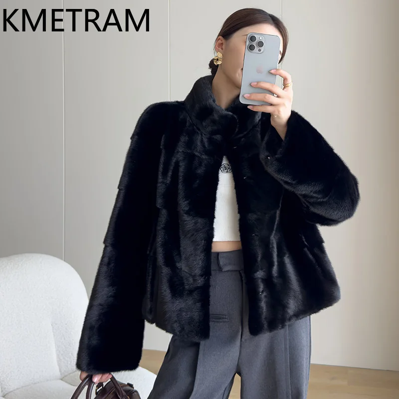 سترة KMETRAM 100% من فرو المنك بالكامل للنساء بياقة واقفة سترات قصيرة من الفرو الحقيقي باللون الأسود لشتاء 2025 جديدة في معاطف ملابس نسائية #2