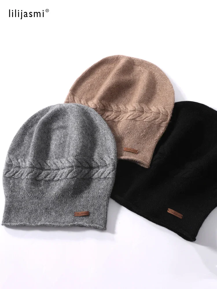 Britain Style Cable Women 35% Cashmere Beanies Simple Solid Ribbed Hem Blends Soft Knit Hat Wool Autumn Winter Warm Skull Caps