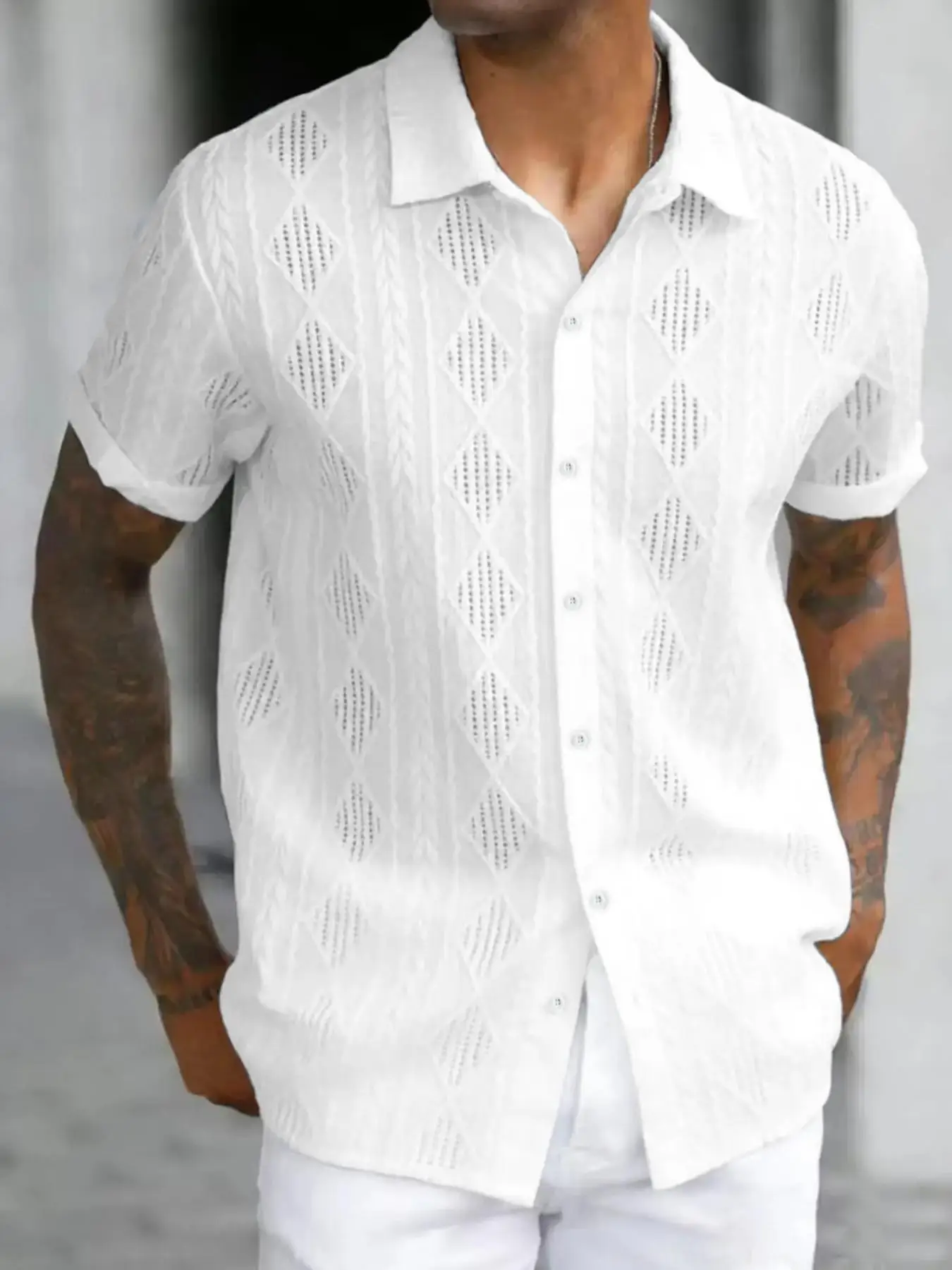 Men's regular slim fit solid color short sleeved shirt with button down casual hollow top, suitable for summer fashion daily wea