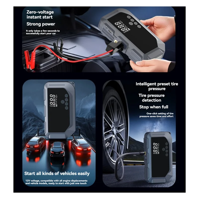 Efficientt-Car Jump Starter With Air Compressor Peak 150PSI Air Pump Auto Battery Booster 1000A Portable Power Tire Inflator