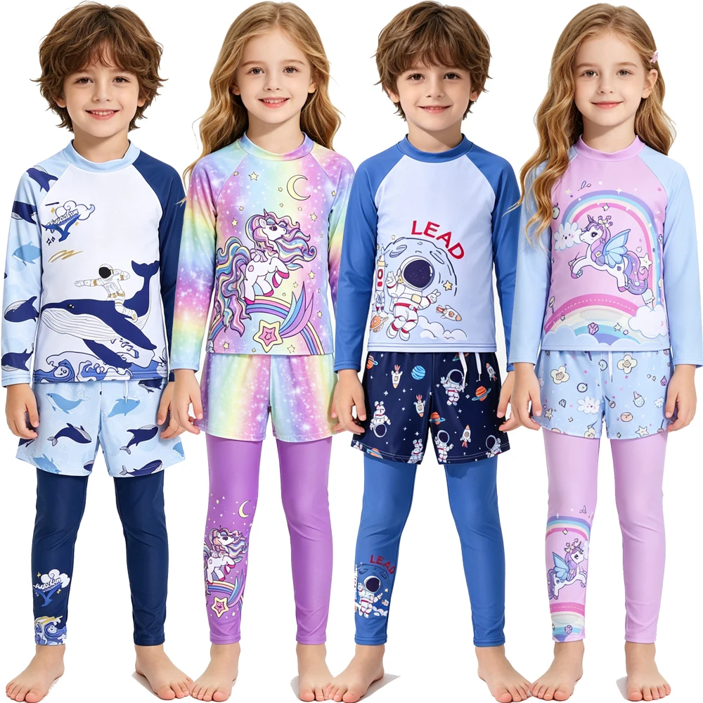 Kids Girls 3pcs Swimsuit Long Sleeve Rash Guard Top Print Shorts & Leggings Cartoon Unicorn Geometric Quick Dry Surfing Swimwear