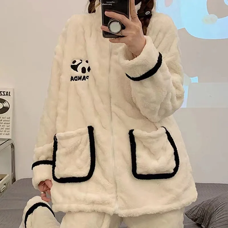 Thicken Coral Fleece Pajamas Suit Warm Homewear Women Cute Panda 2Pcs Loungewear Autumn Winter New Nightwear Loose Pjs