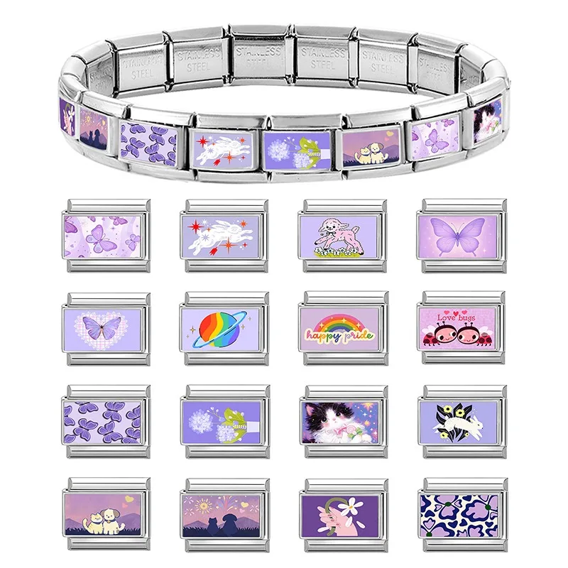 Super Cute Ragdoll Cat‌  Purple Background Italian Charms Fit 9mm Stainless Steel Women Men Bracelet DIYMaking Jewelry Wholesale