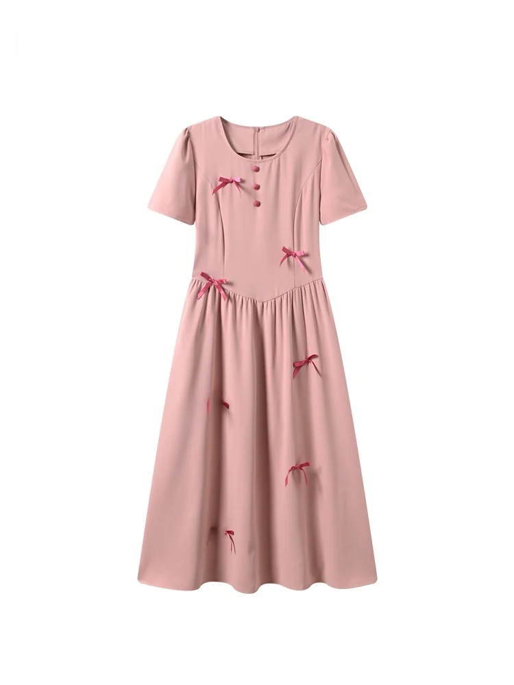 

Summer New Style Cara CLUB plus Size Dress Short Sleeve A-Line Midi Skirt with Knot High Waist French Style Citywalk