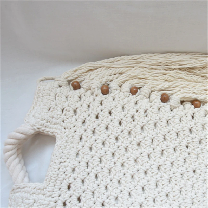 Sac à main en fil de coton épais avec pompon, sacoche en paille, ajouré, tissé, décontracté, pour la plage, nouvelle collection