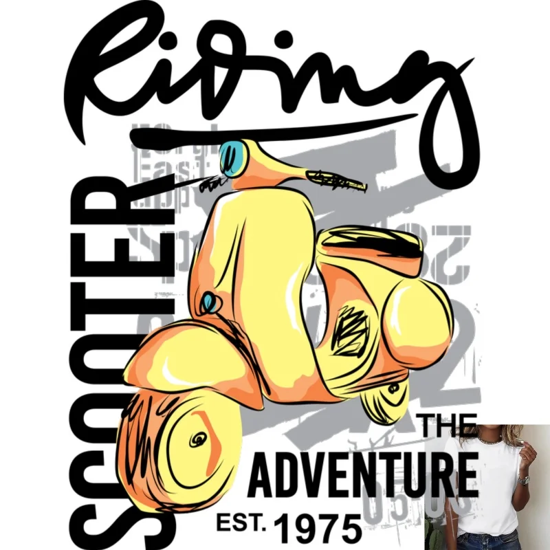 Retro Scooter Printed Heat - Transfer White Ink Iron - on Patch, Stylish Street Style, Suitable for T - Shirts/Canvas Bags,