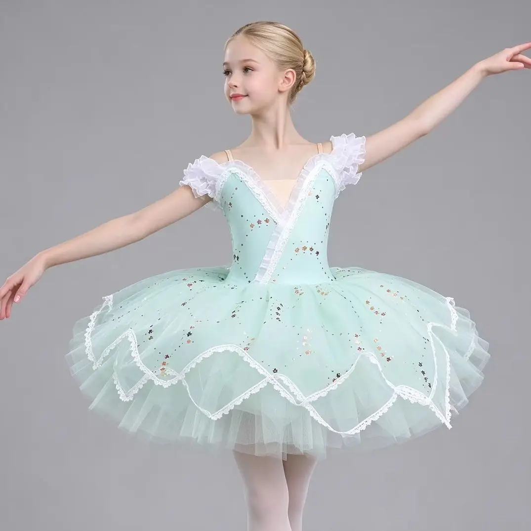 girls-green-off-shoulder-ballet-tutu-dress-white-ruffle-star-sequin-lace-trim-kids-ballerina-stage-performance-competition-wear