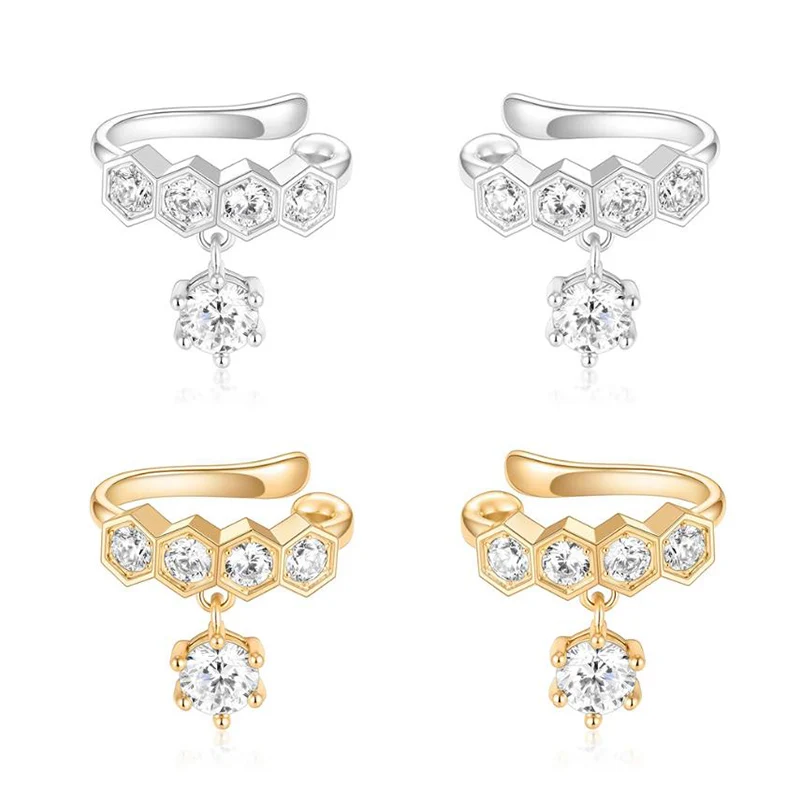 Classic Zircon Hexagon Geometric Cylinder Necklace Kaleidoscope Bracelet No-piercing Ear Bone Clip for Women Jewelry Set KOFSAC