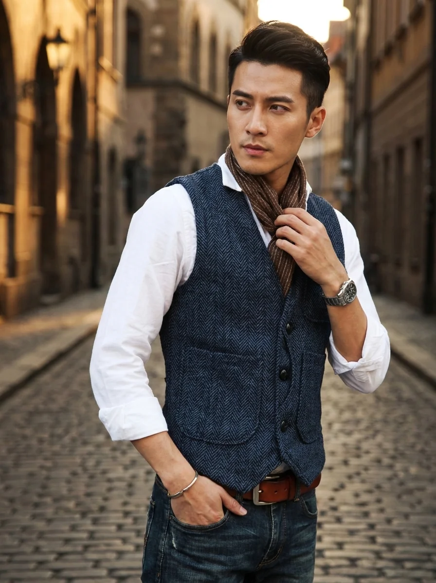 Men Retro British Herringbone Tweed Waistcoat V‑Neck Sleeveless Suit Gilet With Pockets Business Casual Gentleman Layering Vest
