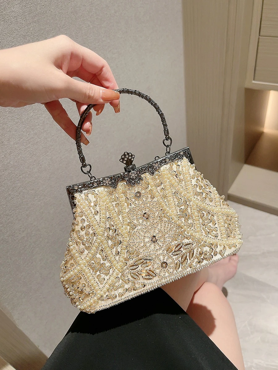 Faux Pearl & Diamond Kiss Lock Clutch Bag Floral Handle Party Bag Metal Chain Cocktail Crossbody Bag