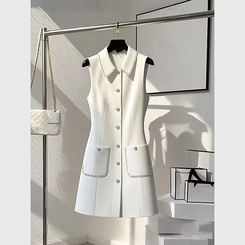 2026 Spring Summer Elegant White Formal Vest for Women Blazers Sleeveless Long Dress Korean Office Lady Packet Midi Dresses