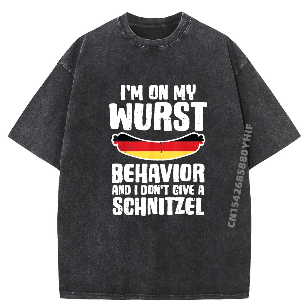 

On My Wurst Behavior Dont Give Schnitzel Funny Oktoberfest Brand Clothing Shirts Mens Outdoor Washed T-Shirt
