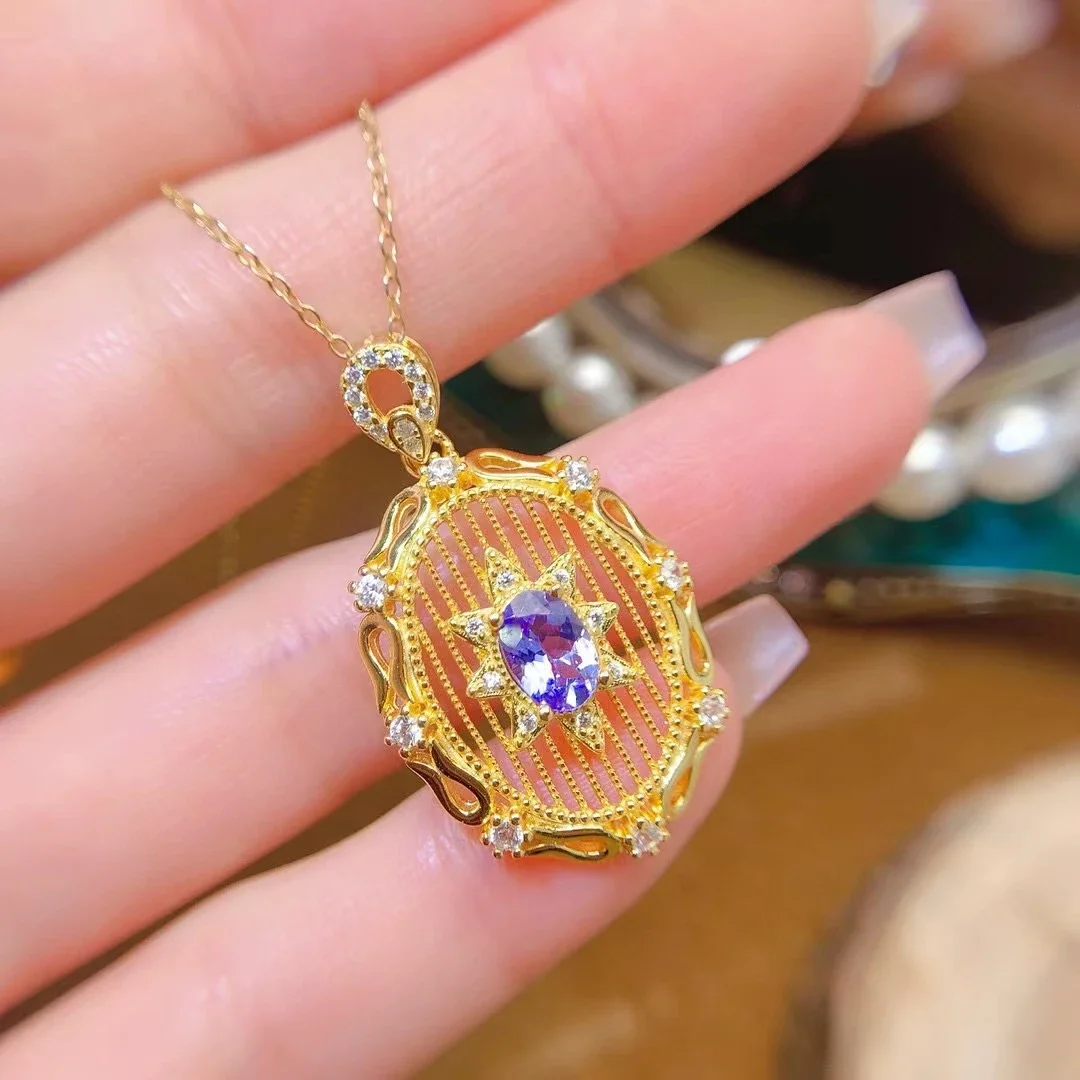 Unique Vintage Design Gemstone 925 Silver Pendant 4*6mm Natural Tanzanite Pendant for Party 18k Gold Plated Tanzanite Jewelry