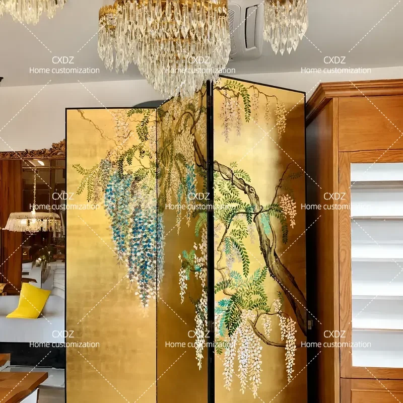 Custom New Chinese Style Gold Foil Screen Wisteria Flower Hand Painted Bird Lacquer Art Divider for Living Room Tea Room