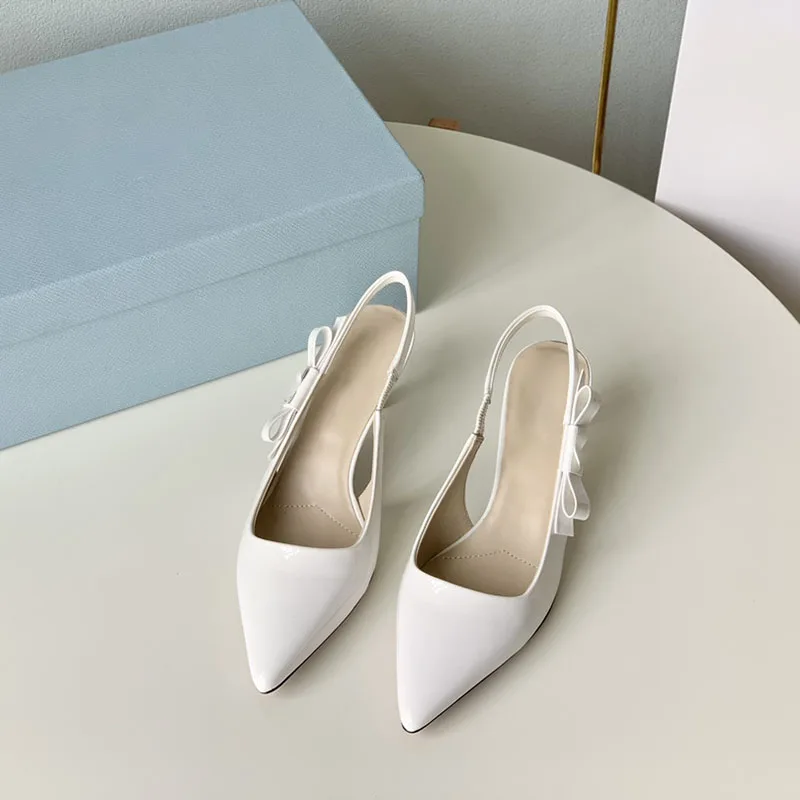

2024 Spring&Summer New Small Slim Heels, Mid Heel, Pointed Toe, Bow Tie Back, Genuine Leather Women's Shoes